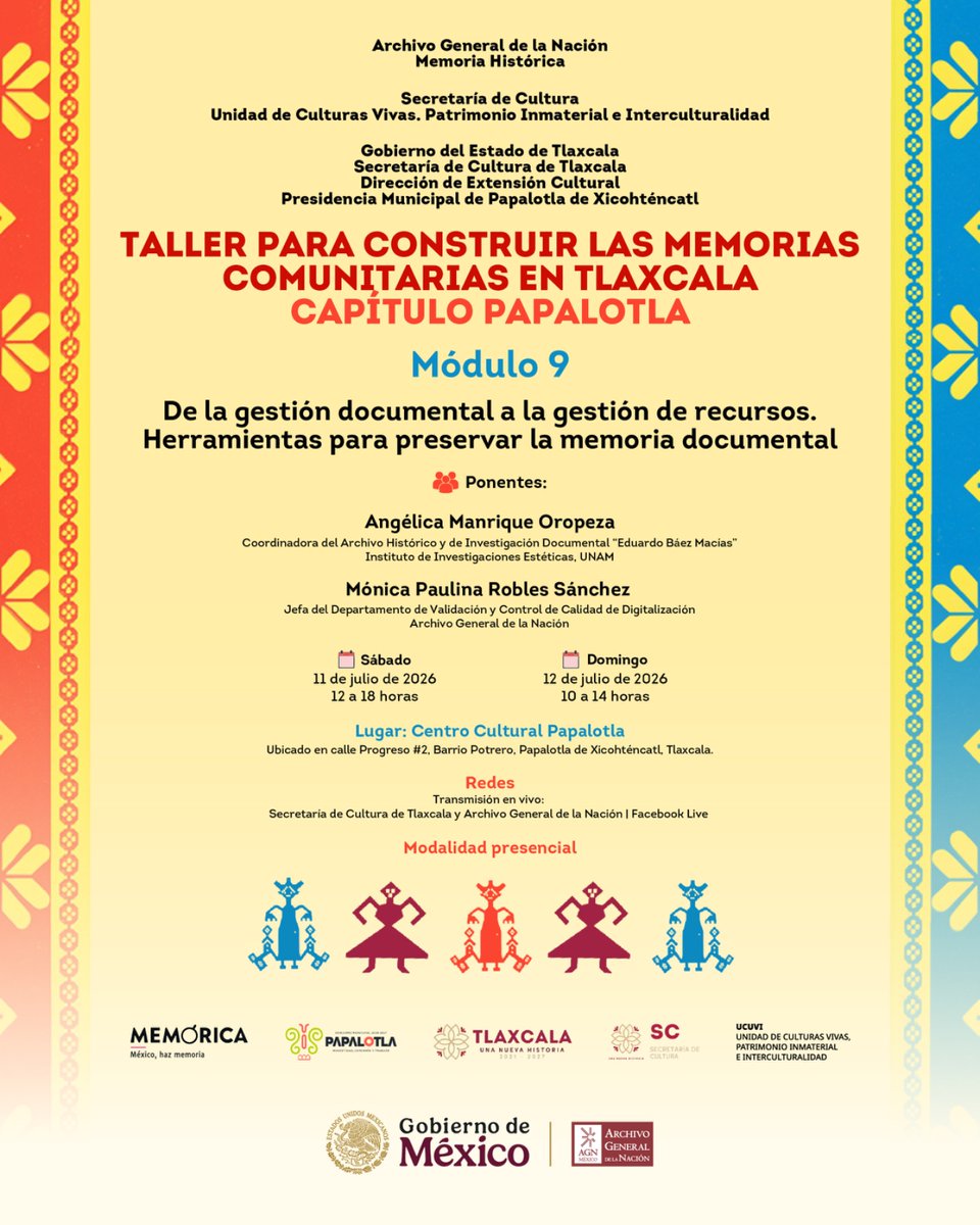 AGNMex's tweet photo. Nos vemos en el Centro Cultural Papalotla para aprender sobre gestión documental y las herramientas para su preservación dentro del Taller para construir las memorias comunitarias en Tlaxcala. 🌿 📜 https://t.co/giN2kuH1rr