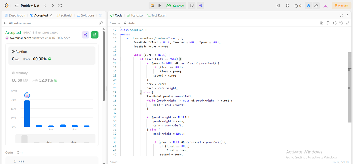SwarnimaKhadka's tweet photo. #LSPPDAY37
Today, I solved "Recover BST" problem with TC of O(n) and SC of O(n).
We can optimize this to have SC of O(1) using Morris Inorder Traversal.
#60DaysOfLearning2026
#LearningWithLeapfrog
@lftechnology https://t.co/s4XkdMDVUQ