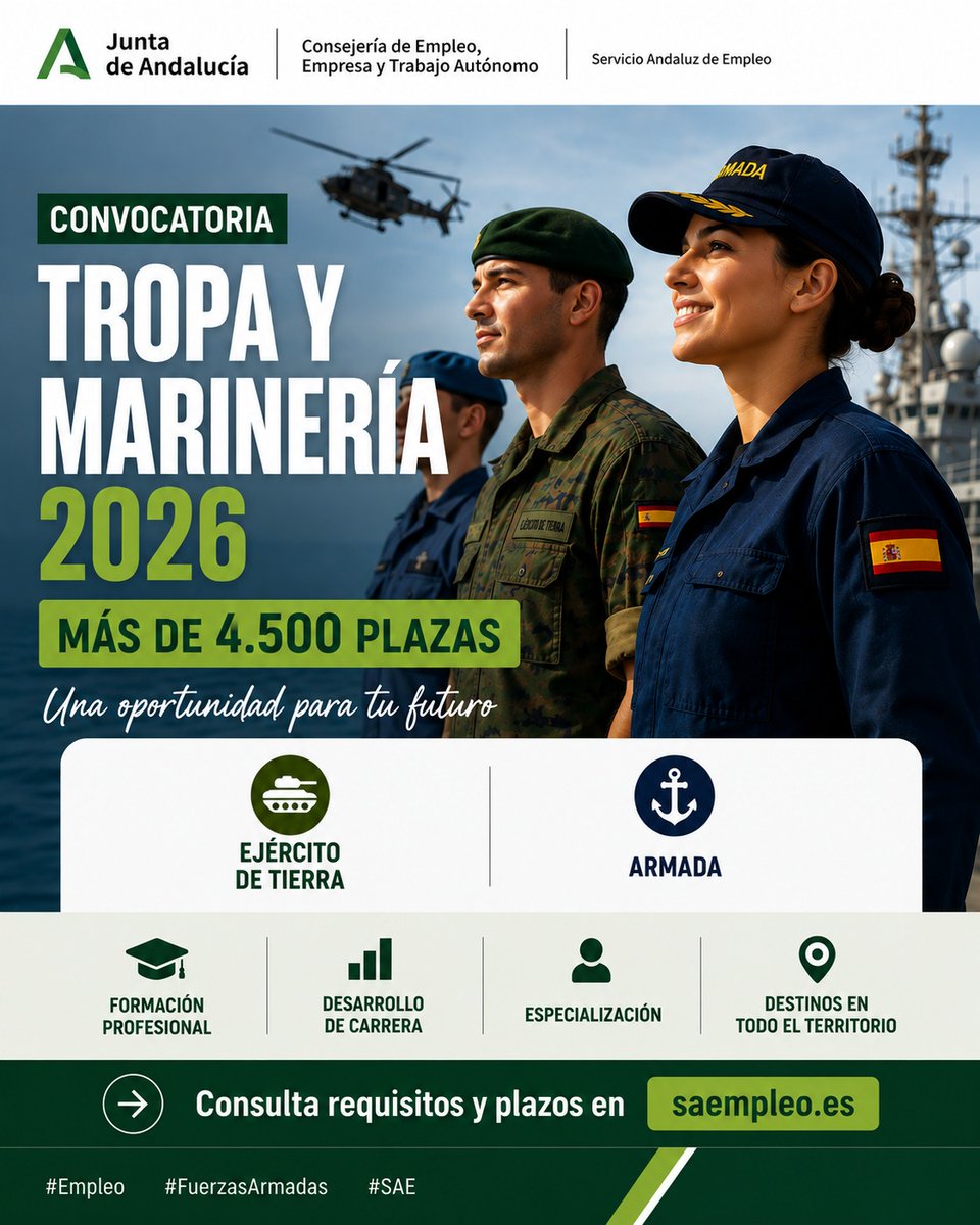SAEmpleo's tweet photo. 🎖️ Abierta la convocatoria de acceso a Militar de Tropa y Marinería 2026.

Más de 4.500 plazas en el Ejército de Tierra, la Armada y el Ejército del Aire y del Espacio.

Consulta requisitos, plazos y proceso de selección en nuestra web.

#Empleo #TropaYMarinería #FuerzasArmadas https://t.co/qlA1BFVM5i