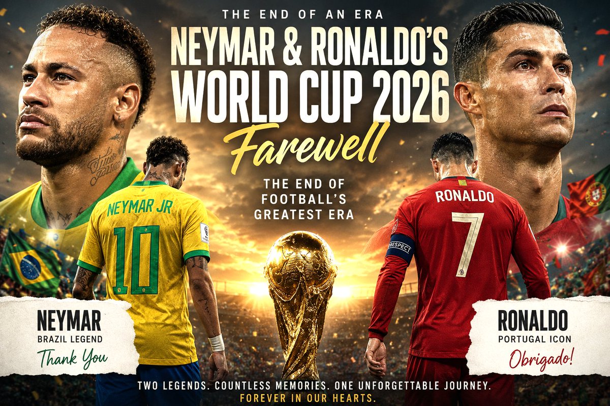 trendywix's tweet photo. Neymar retires from Brazil duty after the 2026 World Cup exit to Norway. A day later, Ronaldo confirms this is his final World Cup before Portugal falls to Spain.
Football's golden generation just took its final bow. 🐐💔
#WorldCup2026 #Neymar #Ronaldo #viralsgoingviral https://t.co/6OtkSZWocI