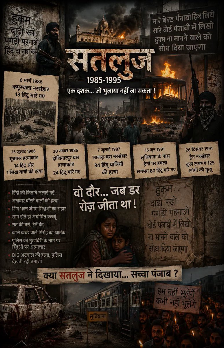 jpsin1's tweet photo. मित्रों …. कभी ऐसा हुआ है कि आपके पिताजी को यह “हुकुम” दिया गया हो कि वे अपनी चोटी काट कर पगड़ी बांधें और दाढ़ी बढ़ायें वरना उन्हें सोध दिया जाएगा (माथे पर गोली मार दी जाएगी) केवल इसलिए कि वे हिंदू हैं ?? कभी आपको स्कूल में बाधित किया गया कि हिंदी की पुस्तकें जला दो और केवल पंजाबी पढ़ों ?? कभी ऐसा हुआ कि कई साल तक शाम को अंधेरा होते ही आपको अपने घर की लाइट्स बंद करके डर के साये में सोना पड़ा हो और घर के दरवाजे पर किसी की दस्तक होते ही आपका पूरा परिवार सहम जाता हो ?? 

आपको यह सब जानना चाहिए ….  आजकल एक वेबसीरीज़ “सतलुज” की काफ़ी चर्चा चल रही है …. बताया जा रहा है कि सतलुज नाम की इस वेब सीरीज में पंजाब के सन् 1980 से लेकर 1995 तक के ह��लात के बारे में सच्चे तथ्यों को दिखाया गया है !

अब सरकार ने इसे बैन कर दिया है जिसे लेकर बहुत से लोग सरकार की निंदा कर रहे हैं …. सोशल मीडिया पर इस प्रकार की पोस्टों की बाढ़ आई हुई है कि सरकार ने सच का गला घोंट दिया, सरकार तानाशाही कर रही है वगैरा वगैरा ! 

हालांकि ये सब विरोध करने वालों में अधिकतर लोग वो हैं जो कभी पंजाब गए ही नहीं …. ना ही 1980 से लेकर 1995 तक उनके पिताजी कभी पंजाब गए थे ! इन लोगों ने पंजाब ���ेवल फ़िल्मों में देखा है. इनका मानना है कि पंजाब का हर निवासी सुबह नाश्ते में छोले-भटूरे खाता है और रात में डिनर सरसों के साग और मक्की की रोटी का करता है और सारा दिन बस “बल्ले-बल्ले ! याहूँ याहूँ” करते हुए भांगड़ा करता रहता है !

लेकिन इतिहास केवल गीतों और खेतों से नहीं बनता …. इतिहास उन चीखों से ��ी बनता है जो किसी कैमरे में रिकॉर्ड नहीं हुईं !

यदि वास्तव में यह वेब सीरीज़ 1980 से 1995 के पंजाब की सच्ची तस्वीर प्रस्तुत करती है, तो फिर कुछ प्रश्न पूछना अनुचित नहीं होना चाहिए !

क्या इस सीरीज़ में वह दृश्य दिखाया गया है जब 6 मार्च 1986 कपूरथला में आतंकवादियों ने अंधाधुंध गोलीबारी की, जिसमें 13 हिंदू नागरिक मारे गए और कई घायल हुए ??

क्या इस सिरीज़  में दिखाया गया है कि 25 जुलाई 1986 को मुक्तसर में बस रोककर ���ात्रियों की पहचान की गई और 14 हिंदू तथा 1 सिख यात्री की हत्या कर दी गई ??

क्या इस सिरीज़ में वह दृश्य भी है जिसमें  30 नवंबर 1986 को होशियारपुर में बस से हिंदू यात्रियों को अलग कर 24 लोगों की हत्या की गई ??

इस सीरीज़ में वह दृश्य तो अवश्य होगा ना जिसमें 7 जुलाई 1987 लालरू में बस रोककर हिंदू यात्रियों को अलग किया गया और 34 लोगों की हत्या कर दी गई ?? यह तो उस दौर के सबसे चर्चित नरसंहारों में से एक था ! यह दृश्य तो सीर���ज़ में पक्का होगा ना ?? 

अच्छा यह दृश्य तो अवश्य ��िखाया गया होगा ना जिसमें 15 जून 1991 को लुधियाना के पास दो ट्रेनों पर हमला करके आतंकवादियों ने यात्रियों पर गोलीबारी की जिसमें लगभग 80 लोगों की मृत्यु हुई, जिनमें अधिकांश हिंदू यात्री थे ?? 

या फिर वह दृश्य दिखाया गया हो जिसमें  26 दिसंबर 1991 एक अन्य ट्रेन यात्रियों को निशाना बनाया गया 1991 में ऐसे रेल हमलों में कुल लगभग 125 लोगों की मृत्यु हुई थी !!

सीरीज़ में यह तो अवश्य दिखाया गया होगा ना कि उस दौर में पंजाब में रहने वाले हर “मोन्ने” के लिए यह “हुकुम” था कि दाढ़ी बढ़ा कर रखनी है, दुकानों के बोर्ड, स्कूटरों के नंबर प्लेट्स सब कुछ पंजाबी में होना चाहिए ?? इस हुकुम की अवहेलना करने वाले को सरेआम सड़क पर “सोध” दिया जाता था !  यह सब दिखाया गया है ना सीरीज़ में ?? 

क्या इस सीरीज़ में यह दिखाया गया है कि कैसे अख़बार बाँटने वाले हॉकरों को अख़बार बाँटने पर मार दिया जाता था , कैसे शिव भक्त जंगम भिक्षुओं को ख़त्म कर दिया गया था, कैसे शाम का अँधेरा होते ही एक अघोषित कर्फ्यू लग जाता था, कैसे रात में “काले कच्छे वाले गिरोह” पूरे पूरे परिवारों का स���ाया कर देते थे, कैसे पंजाब पुलिस के DIG अटवाल की गोलियों से छलनी लाश कई घंटे तक भरे बाज़ार में सड़क पर पड़ी रही और पुलिस तक उसके पास जाने से डरती रही, कैसे पुलिस की मुखबिरी के नाम पर हिन्दुओं के साथ व्यक्तिगत रंजिशें, उनकी संपत्ति पर क़ब्ज़ा, उनकी बहू-बेटियों को ….. और लिखूँ ?? लिखते लिखते उँगलियाँ थक जायेंगी लेकिन उस दौर का सच पूरा नहीं बताया जा सकेगा ! 

यह तो दिखाया ही गया होगा ना कि शाम को अंधेरा होने के बाद  पुलिसकर्मी भी पुलिस थाने के दरवाजे बंद करके अंदर से ताला लगा लिया करते थे ??  

लेकिन यदि ऐसा नहीं है …. यदि उसमें केवल इतिहास का एक टुकड़ा दिखाया गया है और बाकी हिस्से को जानबूझकर अंधेरे में छोड़ दिया गया है …. 

आपका अपना …. #पारुल_सहगल_साथी 😊
#Satluj #punjab #webseries