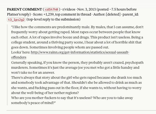 magi_jay's tweet photo. I'll tell you what the context was. Platner was responding to a woman on reddit who was debunking the myth that women who are intoxicated are to blame for their own assaults. He was trolling a woman--quite angrily--about drug-facilitated sexual assault. Red flags abound. https://t.co/hqZfHXKPsE