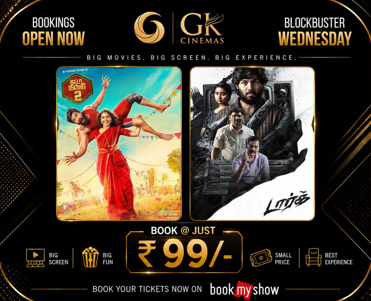 GKcinemas's tweet photo. #GattaKusthi2 and #Dark at just 99/- in #GK .. 

Blockbuster Wednesdays at #GK https://t.co/wHqgBk8716