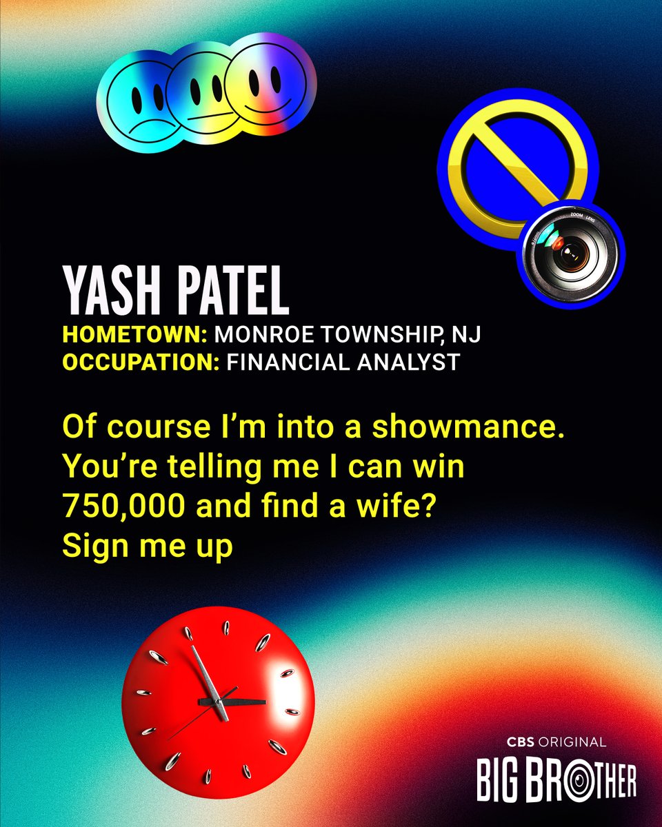 CBSBigBrother's tweet photo. @CBS Yash from New Jersey is ready for a showmance! 😌 Watch him enter the #BigBrother house on Thursday, July 9th @CBS! #Broveal #BB28 https://t.co/l0Ox8vJNQf