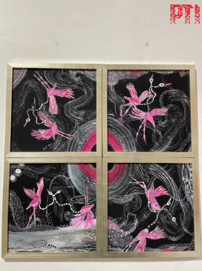 PTI_News's tweet photo. PTI PHOTO | Artworks by Hyderabad-based artist Tarab Khan on display as part of an exhibition, ‘Teen Manzar’, hosted at the Bikaner House in New Delhi. https://t.co/82yIVJIK9W