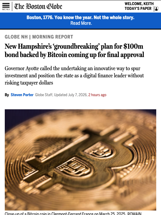 RepKeithAmmon's tweet photo. New Hampshire’s ‘groundbreaking’ plan for $100m bond backed by Bitcoin coming up for final approval https://t.co/cU2rFGdln4