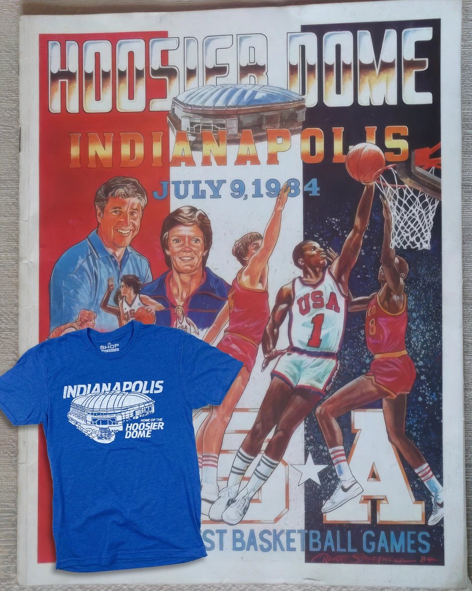 TheShopIndy's tweet photo. On July 9, 1984, the Hoosier Dome hosted a matchup between the USA Olympic Team and the NBA All-Stars. Leading the USA squad was the renowned coach Bob Knight from Indiana, with Gene Keady, the Purdue coach, serving as an honorary assistant for the evening. https://t.co/EklCujPGoE