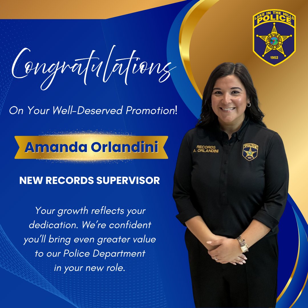 LITHPolice's tweet photo. We congratulate Amanda Orlandini on her promotion to Records Supervisor! She joined us in 2024 and has been a valuable member of the Records Division. Her professionalism and commitment to serving the department and community made her a natural choice for this leadership role. 🎉 https://t.co/XJiOjXPwVR