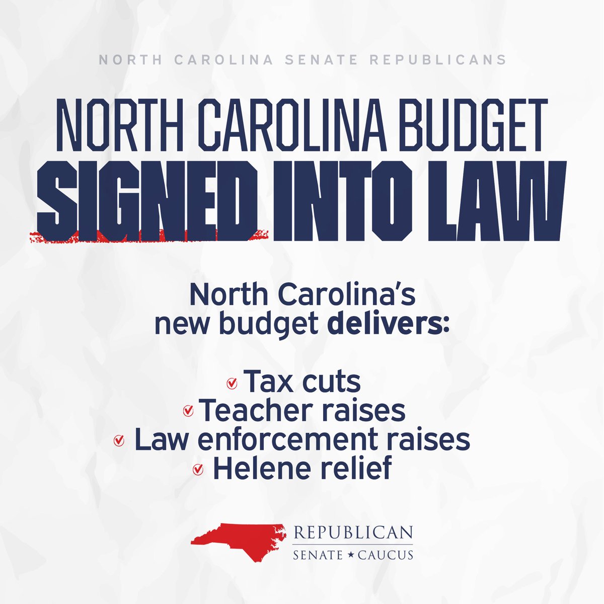 MichaelLee4NC's tweet photo. North Carolina’s budget is officially signed into law. I’m proud to have helped deliver a responsible plan that cuts taxes, raises pay for teachers and law enforcement, and invests in priorities that keep our state strong. https://t.co/xZwWnHLtyJ