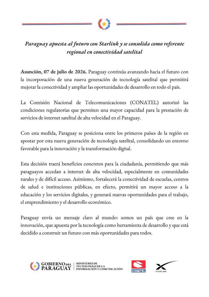 cb_doge's tweet photo. BREAKING: Paraguay officially approves expanded Starlink satellite internet capacity.

• CONATEL approved new regulatory conditions for Starlink
• More satellite internet capacity
• Expanded access for remote communities
• Better internet for schools, and hospitals https://t.co/4BCHGJcAqu