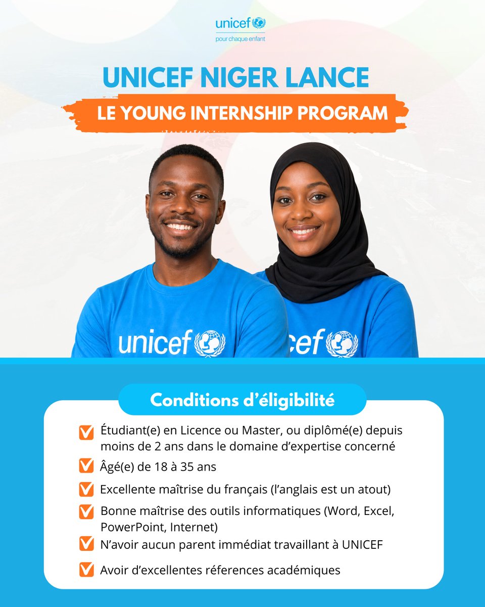Unicefniger's tweet photo. Le Young Internship Program de l'UNICEF Niger se poursuit. : 6 mois d'immersion pour les jeunes talents de 18 à 35 ans.

🗓️ Date limite : 14 Juillet 2026
🔗 Dépose ta candidature ici👉 : https://t.co/AY6e2A7dXk
 #PourChaqueEnfant https://t.co/r3oKwurL2d