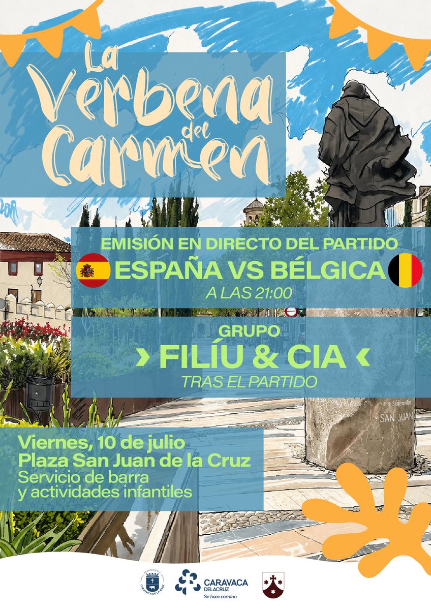 AytodeCaravaca's tweet photo. 🎉 ¡Vuelve Verbena del Carmen! Os esperamos este viernes, 10 de julio, en la Plaza San Juan de la Cruz

⚽ Y antes, a las 21:00 horas, disfruta en pantalla gigante del partido de cuartos de final del Mundial: España 🇪🇸 - Bélgica 🇧🇪 https://t.co/69d3L8soRl