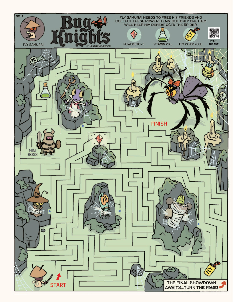 explodeybook's tweet photo. "Bug Knights," a unique maze by @HeathMcPherson, is featured in This Book Might Explode Volume 5!

Find the right path to help Fly Samurai collect the items to defeat Octa the Spider! But this is no ordinary maze. Once the items are collected, the story continues in comic form on the next page!

Check it out by subscribing at https://t.co/dDO8gyneWc!