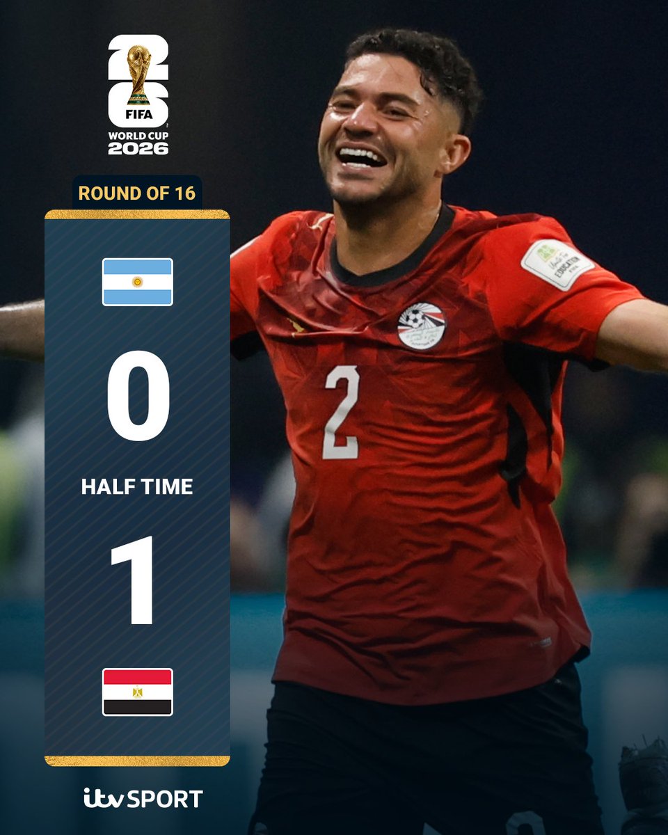 itvfootball's tweet photo. Egypt lead Argentina at half-time‼️

After a MASSIVE performance from Egyptian Mostafa Shobeir, Argentina have been unable to find the net https://t.co/V4jv2SXSwZ