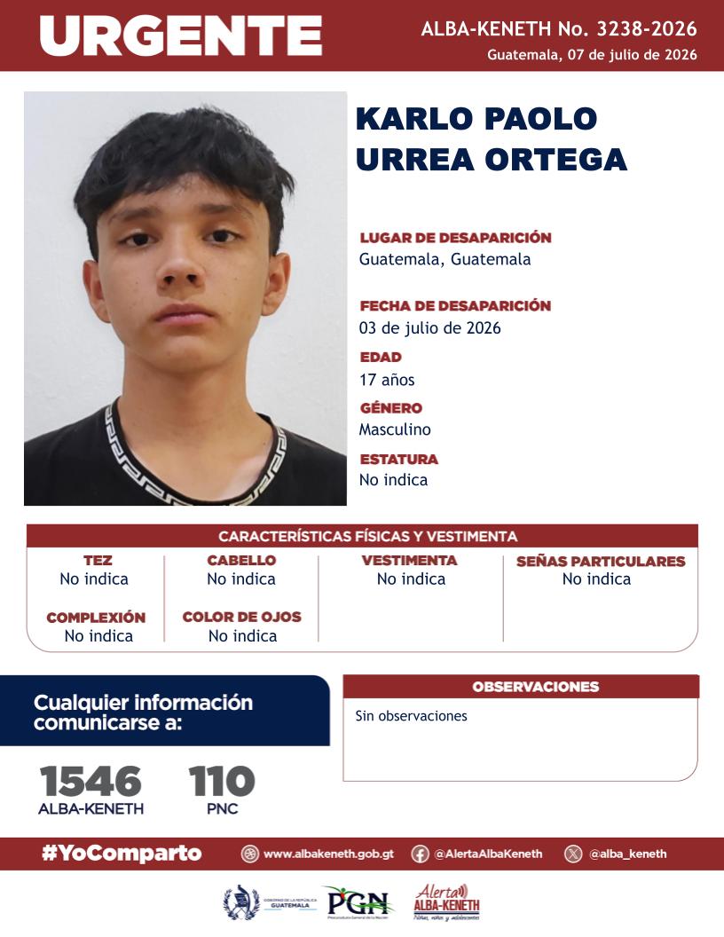alba_keneth's tweet photo. #AlertaAlbaKeneth⚠️| Karlo Paolo Urrea Ortega de 17 años de edad. Desapareció el 03 de julio de 2026, en Guatemala, Guatemala.

🔁Comparte y ayúdanos con su localización.
📞Si tienes información llama al 1546. #YoComparto https://t.co/voEh12gsKp