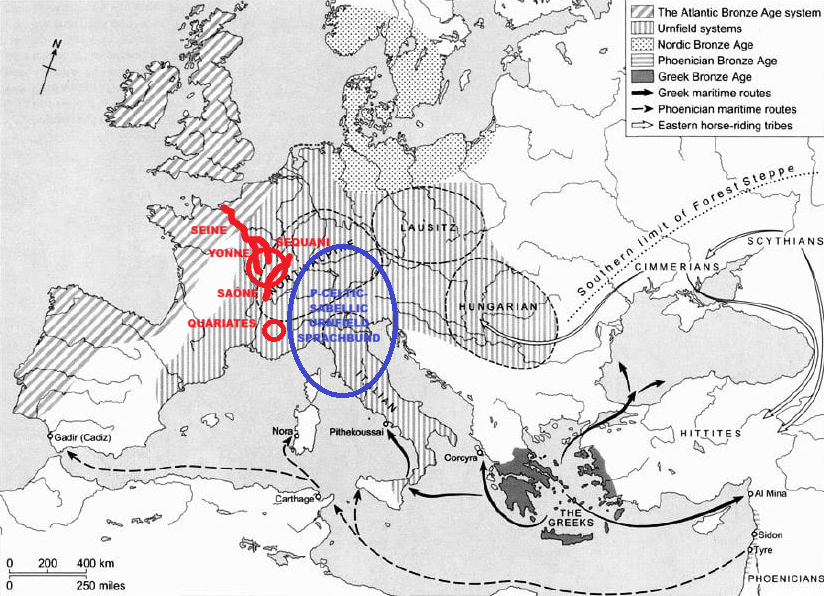 Lethescholar's tweet photo. 1. River and tribe names derived from *sekwan- support that P-Celtic emerged outside central Gaul, in Alpine areas in close contact with Italic.
2. Adding the Quariates (unless it is a Ligurian rather a Celtic name) would also exclude southern Gaul from the P-Celtic Urheimat… https://t.co/qnNKUr9Xrd