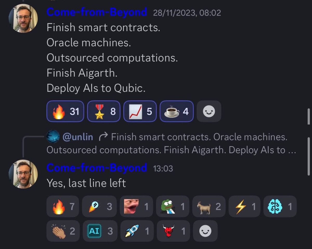 Qubicfamilys's tweet photo. In 2023 CFB shared a vision for the future of #Qubic CFB's vision is nearly complete
✅ Smart Contracts
✅ Oracle Machines
✅ Outsourced Computation
✅ #Aigarth
⏳ AI Agents on #Qubic
One milestone left
The future of decentralized AI starts with $QUBIC
#AI #AGI https://t.co/RqgcYEL9WA