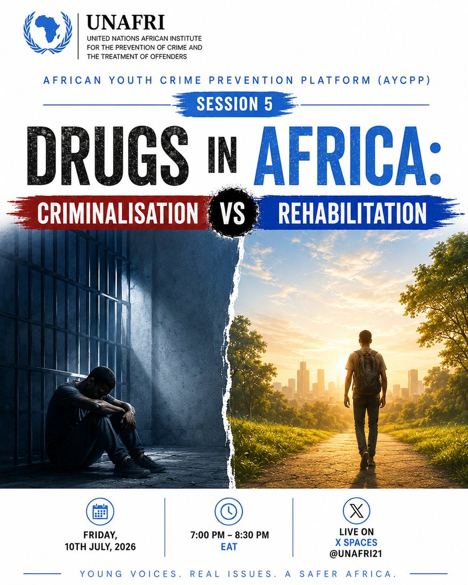 UNAFRI21's tweet photo. 🚨 #AYCPP UNAFRI X Spaces | Session 5

Should drug use be addressed through tougher laws, or through treatment and rehabilitation?

Join us this Friday as we examine "DRUGS IN AFRICA: CRIMINALISATION VS REHABILITATION"🧵👇