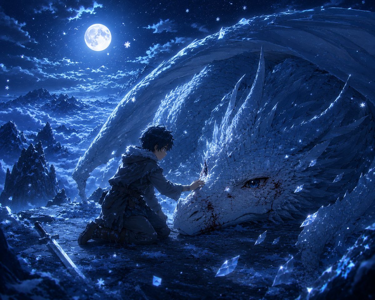 faranzylve's tweet photo. #AIイラス #art #illustration #wallpaper
​最も屈強な氷の巨獣でさえ、その身に脆さを秘めている。剣は置かれ、戦いは終わった。満月の光の下に残るのは、静寂と、ゆっくりと癒えゆく傷だけだ。 https://t.co/GJoBPP5cxx