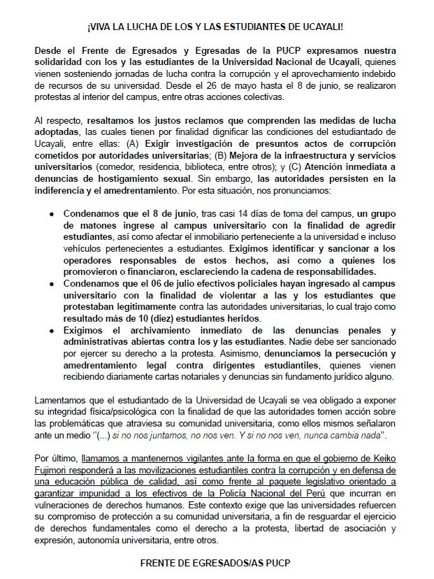 egresadospucp_'s tweet photo. URGENTE 🚨 rechazamos la violencia y amedrentamiento hacia nuestros compañeros/as estudiantes, quienes se encuentran protestando en defensa de la Universidad Nacional de Ucayali (UNU) https://t.co/FrqhGxUKul
