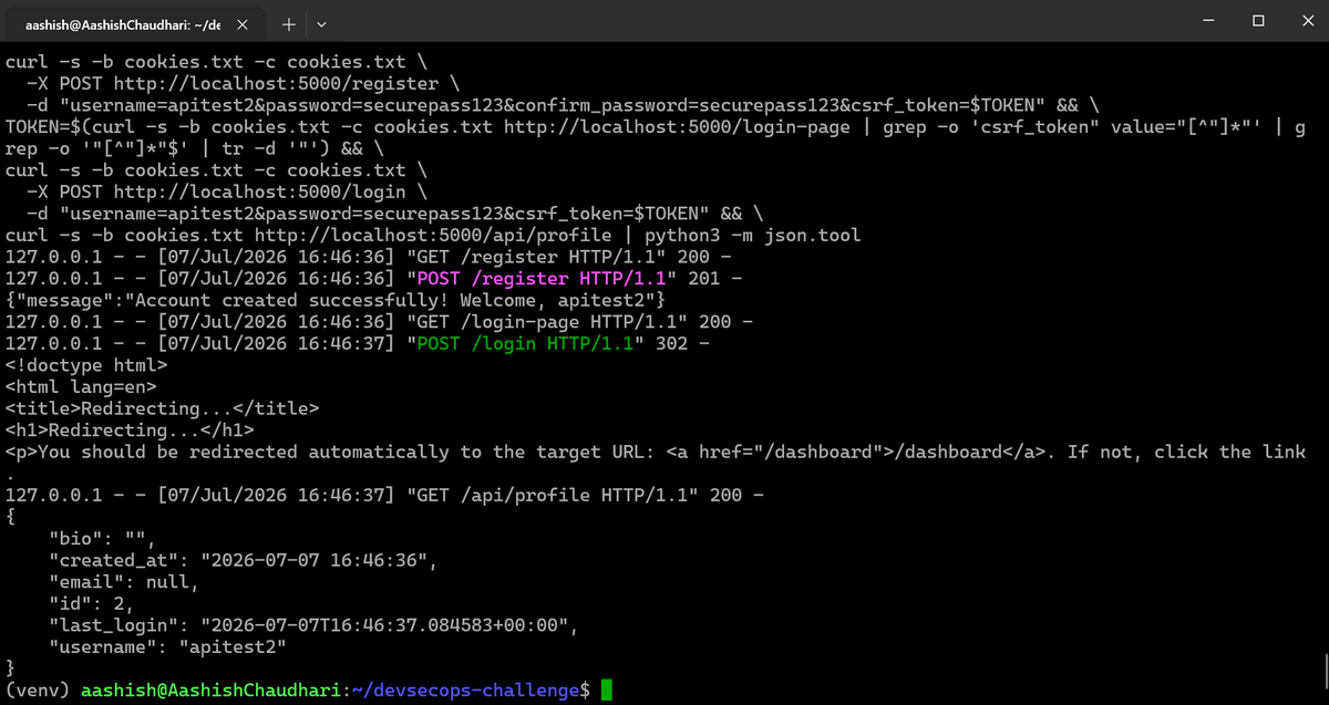 aashishhq's tweet photo. #LSPPDay37 — Built my first real JSON API today! GET and PUT /api/profile endpoints, authentication required, email validation, bio length limits, and 5 new pytest tests. The app is actually doing something now @lftechnology #60DaysOfLearning2026 #LearningWithLeapfrog https://t.co/F2GYrHTXj6