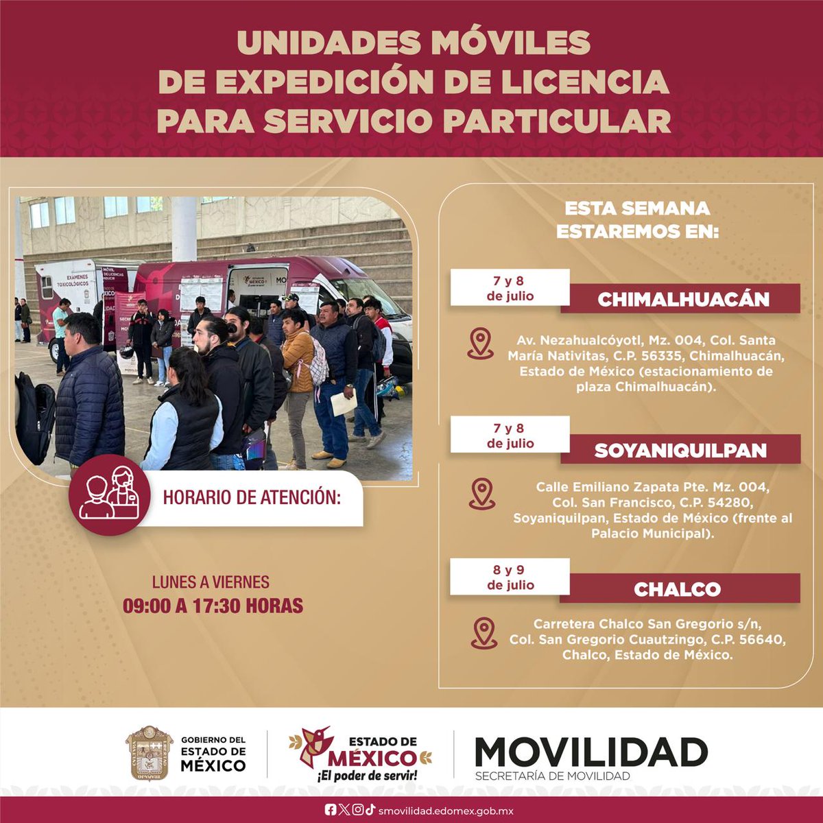 SEMOV_Edomex's tweet photo. 📍🚗 ¡Tu licencia más cerca que nunca!
Con nuestras Unidades Móviles, realiza tu trámite de manera ágil, segura 🪪 y sin complicaciones. 🕒✨

🔎 Consulta requisitos y costos aquí:
💻 https://t.co/0PAl01sl8s https://t.co/VVVt66MWBM