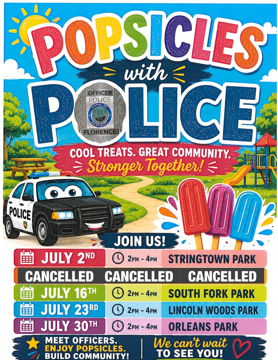 CityofFlorence's tweet photo. Popsicles with Police scheduled for July 9 has been canceled. The Florence Police Department looks forward to returning next week and invites the community to join them on July 16 at South Fork Park. 

For more information,contact the Florence Police Department at 859-647-5420. https://t.co/BSsZDUKAIT