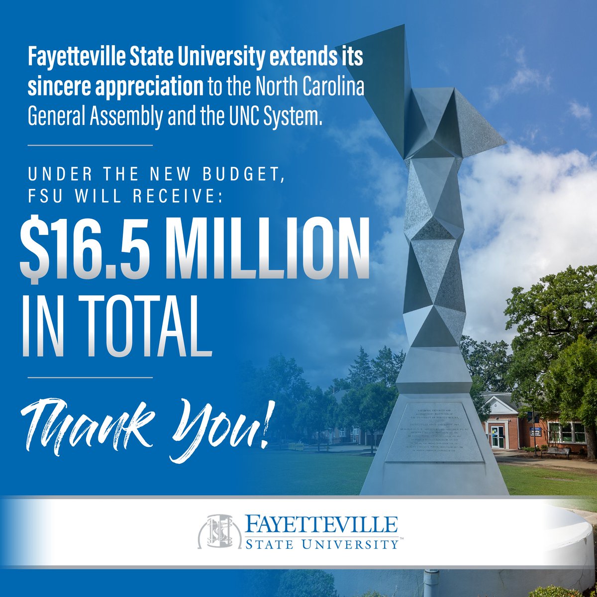 uncfsu's tweet photo. FSU extends its sincere appreciation to the North Carolina General Assembly and the UNC System for their continued investment in public higher education. This budget reflects a strong commitment to expanding educational opportunities and supporting student success across NC! https://t.co/0h0Ds7V7Q7