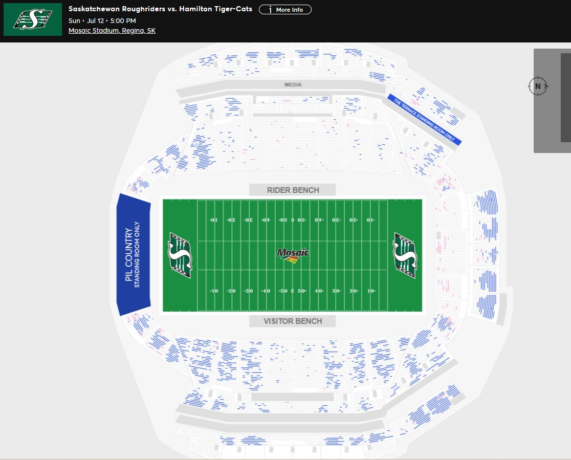 MattYoungCTV's tweet photo. SASK RIDERS vs HAMILTON TI-CATS
Sun, July 12th
Mosaic Stadium - Regina, SK

Seat Capacity/setup = 33,350
Tickets sold/distributed = 23,887
Tickets remaining = 9,463

Cheapest ticket = $20 (co-op)
Season Avg. = 27,601
largest crowd = 30,168

NOTE: Count does not include special promotional seating, comps, seats held back which can impact count.
**Follow here for ticket projections for CFL, NHL, WHL and more! @1CFLAtt @VINTAGESASKO 
@rodpedersen @BallsyUncut @nielsonTSN1260
@LWillson_82 @JohnDHodge @BrittonGray @mblairYQR @PegRiderPrider @cjones2451
@robvanstone @FarhanLaljiTSN @TSNDaveNaylor
#cfl #riders #sask @BCLionsDen @clarkmunroe_
@SteveClarkMedia @bshynk @sportscage @FenderGuy69
