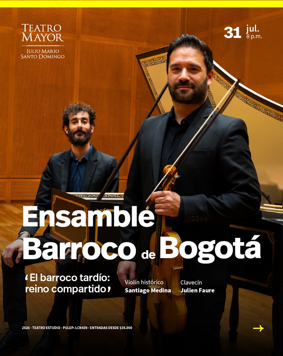 teatromayor's tweet photo. El Ensamble Barroco de Bogotá presenta el concierto 'El barroco tardío: reino compartido', un programa con obras de #Händel, #Bach, #Couperin, #Duphly, #Forqueray y #Veracini 🎶🤩.

¿Cuando? 31 de julio
¿Dónde? #TeatroEstudio
Boletas en ➡ https://t.co/vmTG2L75Xt https://t.co/ivzO5MitG0