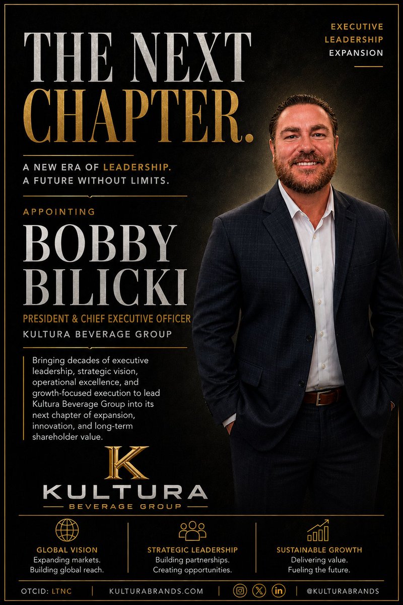 Brad_Wyatt92's tweet photo. Dear Fellow Shareholders,

Today marks an important milestone for Kultura Brands, and I wanted to personally reach out to share why this announcement is so meaningful for our Company and its future.

This morning, we announced the appointment of Daniel "Bobby" Bilicki II as President and Chief Executive Officer of Kultura Beverage Group.

Bobby brings more than 15 years of beverage alcohol and consumer packaged goods experience, including senior leadership roles at Stateside Brands and Constellation Brands. Throughout his career, he has built high-performing teams, developed strong relationships with many of the nation's leading retailers and distributors, and played an important role in the commercial growth of emerging beverage brands.

As we evaluated the next phase of Kultura's evolution, it became clear that adding an executive with Bobby's experience, leadership, and execution capabilities would significantly strengthen our organization. Building great brands requires more than great products. It requires exceptional people, disciplined execution, and a long-term vision. Bobby embodies those qualities.

His appointment also reflects our broader strategy of assembling an experienced leadership team capable of building Kultura Beverage Group into a scalable national platform. We believe our opportunity extends well beyond a single product or brand. Our vision is to create a portfolio of innovative consumer brands supported by experienced operators who understand how to execute at the highest level.

Over the past several months, we have continued to strengthen the Company's leadership, partnerships, and strategic direction. Bobby's addition represents another meaningful step in that journey, and we believe his experience will complement the outstanding work already being done throughout our organization.

On behalf of our Board of Directors and executive leadership team, I want to thank our shareholders for your continued confidence and support. We recognize that building long-term value requires consistent execution, transparency, and accountability, and we remain committed to earning your trust every day.

While there is still significant work ahead, we believe we are building a stronger foundation for sustainable growth, and we are excited about the opportunities in front of us.

Thank you for your continued support of Kultura Brands.

Sincerely,

Brad Wyatt

Chief Executive Officer

Kultura Brands, Inc.