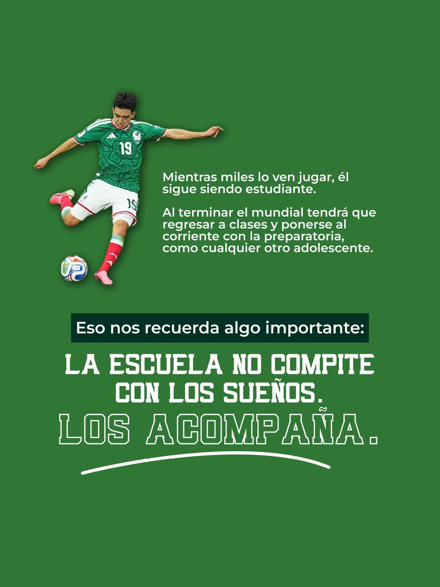 Mexicanos1oJal's tweet photo. La educación no está peleada con los sueños. 📚☁️Al contrario: es una parte fundamental del camino.
Todas las niñas, niños y adolescentes merecen la oportunidad de desarrollar su talento sin tener que renunciar a su derecho a aprender. 👧👦🎒✨ #GilbertoMora #AprenderImporta https://t.co/YOoIspZ63e