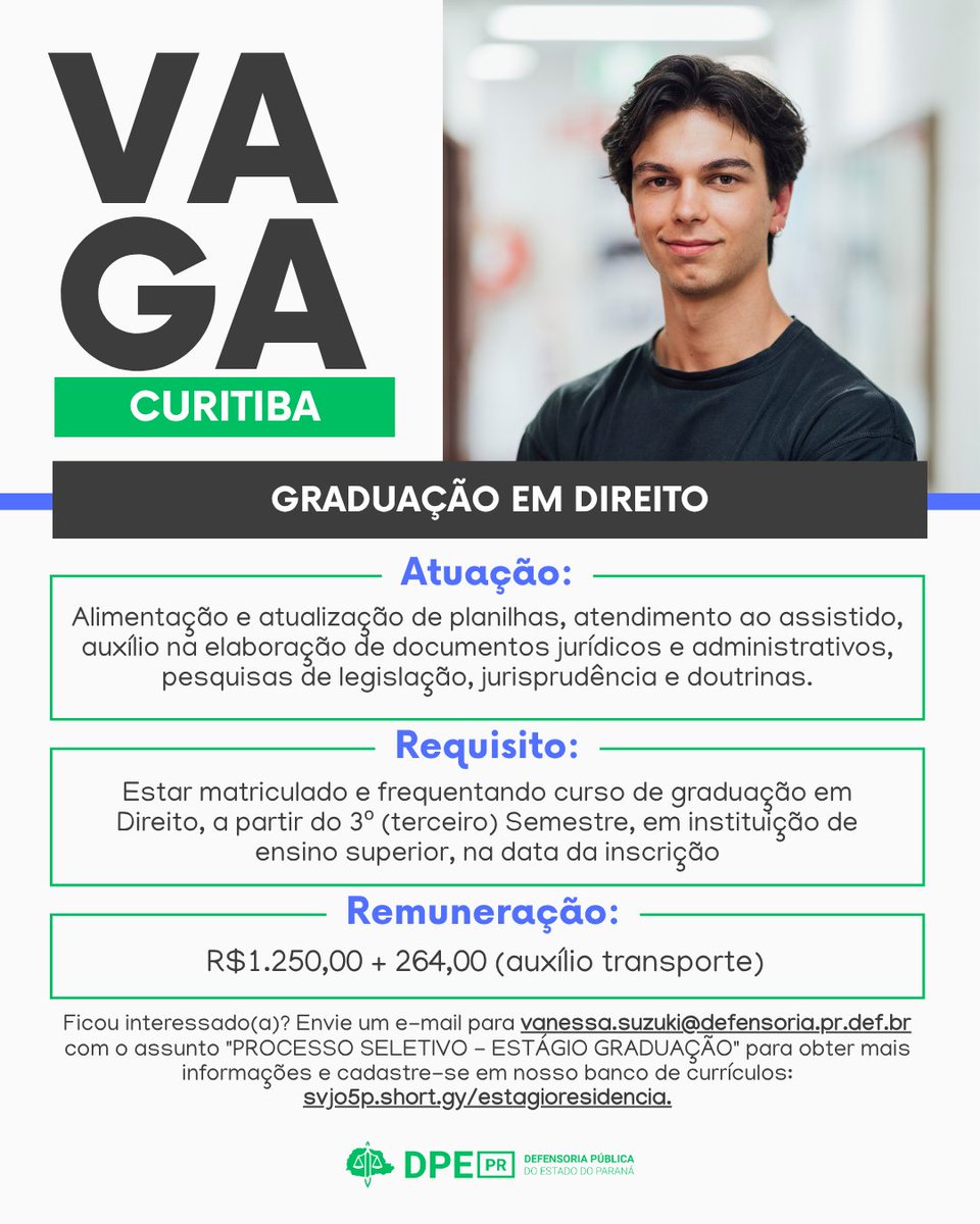 Defensoria_PR's tweet photo. VAGA 📚                 

A DPE-PR abre vaga para residente e estágio de Graduação na área jurídica em Curitiba. https://t.co/tFz2oc3Pj6