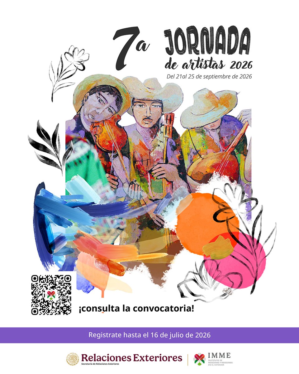IME_SRE's tweet photo. La 7ª Jornada de Artistas 2026 busca reunir a artistas de origen mexicano residentes en el exterior para fortalecer vínculos e identidad cultural a través del arte. ✨

📅 Convocatoria abierta hasta el 16 de julio de 2026.

Conoce los detalles:
https://t.co/RFTq1D3y9X https://t.co/JO76K2PSsM