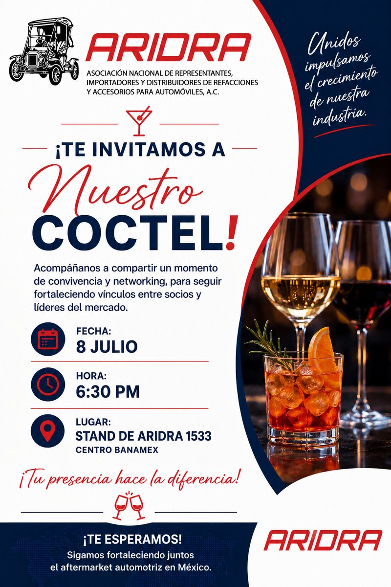 AcAridra's tweet photo. Te esperamos en nuestro Coctel de Networking!
Construyamos juntos nuevas oportunidades de negocio y sigamos impulsando el crecimiento de nuestra industria.
#ARIDRA #Aftermarket #Networking #Autopartes #IndustriaAutomotriz #CentroBanamex #InternationalAftermarketSummit https://t.co/WAmjd8QNxP