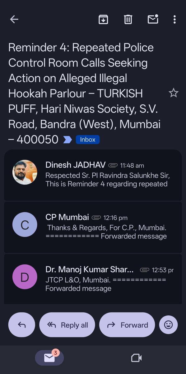 DMJadhav110787's tweet photo. 🚨 REMINDER 5 | Every day without a thorough, impartial and surprise verification of repeated credible public complaints and multiple Police Control Room calls further undermines public confidence in equal enforcement of the law. 🚨 @MumbaiPolice

Respected Sr. PI Ravindra Salunkhe, @BandraPS,
Repeated credible public complaints continue regarding the alleged illegal tobacco/hookah operations at "TURKISH PUFF", Hari Niwas Society, S.V. Road, Bandra (West), Mumbai – 400050.

Yesterday Night Several calls were also made to the Police Control Room seeking immediate intervention (CFS Nos. 37410699, 37410895, 37411092, 37411398). However, no effective enforcement action appears to have been taken so far.

This continues to raise an important public question: When will strict action be taken if any violations are found after a proper inspection?

Kindly conduct an immediate surprise inspection to verify: 
✅ Police permissions
✅ Trade and Municipal licences
✅ Fire NOC and fire safety compliance
✅ Health Department approvals
✅ Compliance with tobacco/hookah laws
✅ All other mandatory statutory permissions
If any violations are found, appropriate legal action should be taken promptly, fairly and equally in accordance with the law.

Public safety, transparency, accountability and equal enforcement of the law must remain the highest priority.
@CPMumbaiPolice @DcpZone9Mumbai @AddlCPWestMum @mybmc @mybmchealth @mybmcHealthDept @mybmcWardHW @CMOMaharashtra @Dev_Fadnavis @Devendra_Office @DGPMaharashtra @maharashtra_hmo @ShelarAshish @CollectorMsd @HMOIndia @narcoticsbureau @TV9Marathi @timesofindia @mataonline @EconomicTimes @mid_waytimes @bandrabuzz @ANI @the_hindu @FDA_MAHARASHTRA @Tukaram_IndIAS
#Reminder5 #BandraWest #Mumbai #PublicSafety #CitizenSafety #RuleOfLaw #MumbaiPolice #FireSafety #PublicHealth #TobaccoControl #Hookah #IllegalHookah #ZeroTolerance #InspectAndAct #StrictEnforcement #Compliance #Accountability #SafeMumbai #ActNow