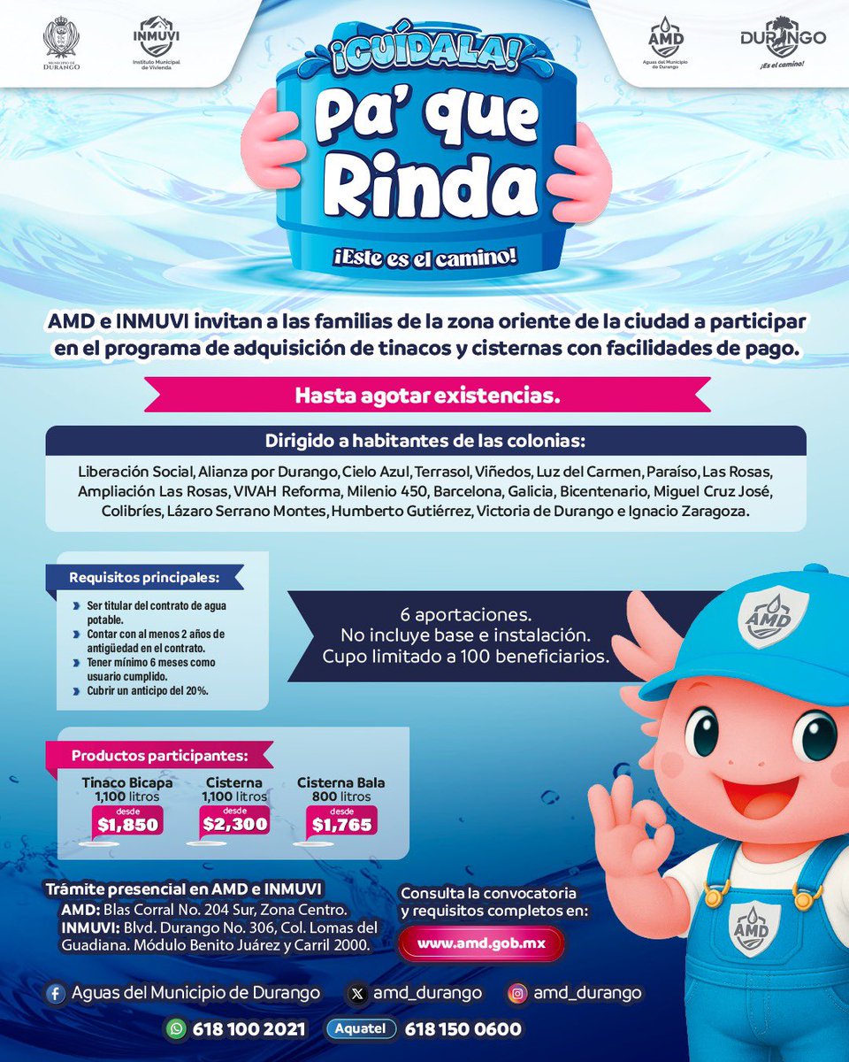 DurangoCap's tweet photo. ¡Cuídala pa’ que rinda! 💧

Las familias de la zona oriente pueden adquirir tinacos y cisternas con facilidades de pago. 🤲🏻

Porque #EsteEsElCamino 🐺 para cuidar el agua y estar preparados. https://t.co/zVYYyPmI9L