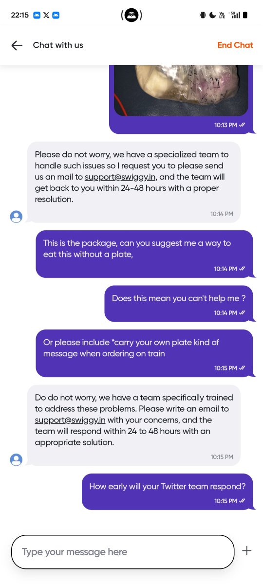 shitb23's tweet photo. Ordered food on train via @swiggy_in
Got it packed in 2 plastic bags like some roadside  meal.
No plate. No spoon. Nothing.
Now I'm supposed to eat with my hands like a caveman while the train is moving?  🫪
Support's response? 'Email us bro, team will reply in 24-48 hrs'
Bro I’m on a MOVING TRAIN. I need to EAT NOW.
This is actually insane.
I’ll keep posting this clownery.

#SwiggyFail #SwiggyScam