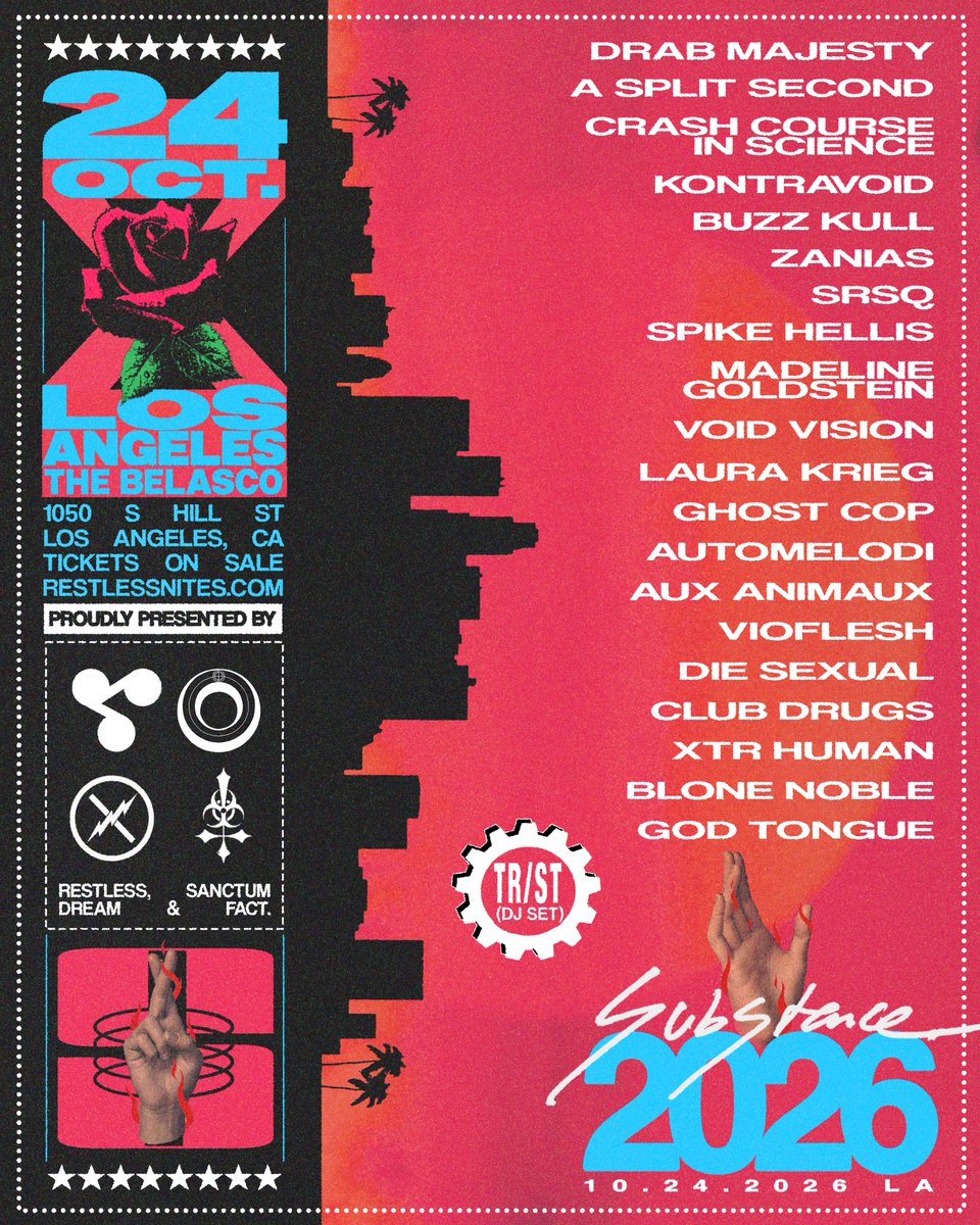 BelascoLA's tweet photo. JUST ANNOUNCED! SUBSTANCE FEST IS BACK! Saturday, October 24th at The Belasco.

⚔️ Tickets on sale this Thursday, July 9th @ 10AM PST. 
🔗 https://t.co/sYSYumLkC3 https://t.co/ihG4NU0MNb