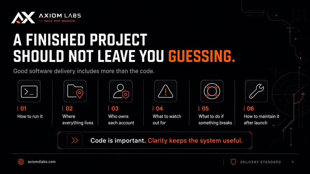 AxiomdLabs's tweet photo. A finished project should not leave you guessing.

Good delivery is more than code.

You should know how the system works, where things live, and what to do if something breaks.

Code is important. Clarity keeps the system useful. https://t.co/0YFXZf8U1G