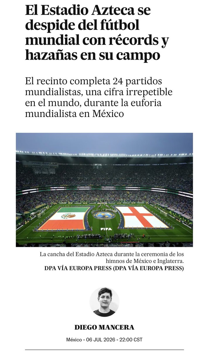 diego_mandel's tweet photo. Ni Wembley, Maracaná, San Siro o el Bernabéu. El Estadio Azteca ha hecho historia por sí solo en este Mundial. 24 partidos mundialistas en su césped 🏟️

Ha visto aquí a algunos de los mejores del mundo

Un texto para honrarlo ❤️
https://t.co/ZnODmHguvn https://t.co/1sXHwLCY9f