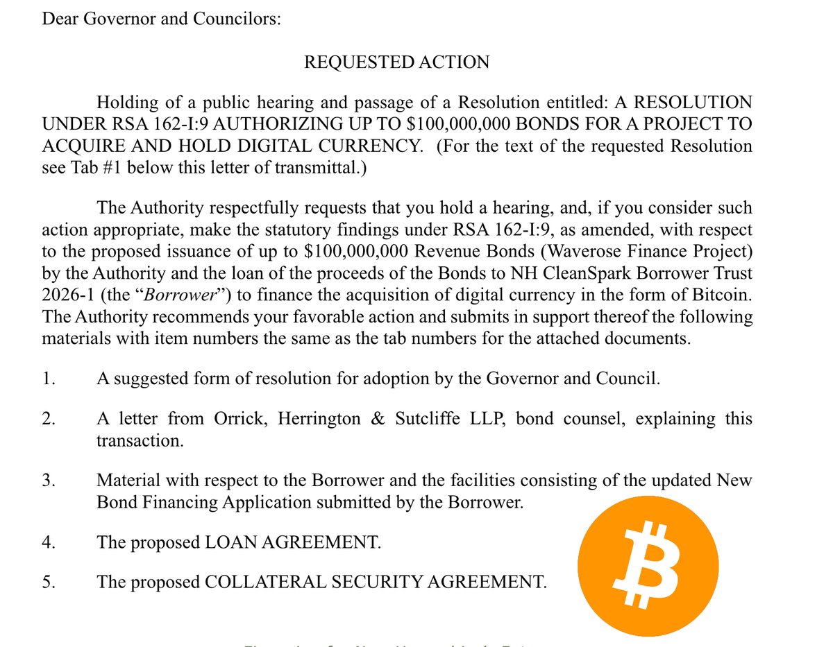 BitcoinMagazine's tweet photo. NEW: 🇺🇸 Tomorrow's New Hampshire Governor &amp; Executive Council hearing is on "a resolution authorizing up to $100,000,000 bonds for a project to acquire and hold" Bitcoin 👀 https://t.co/0qAWvt5Ywa