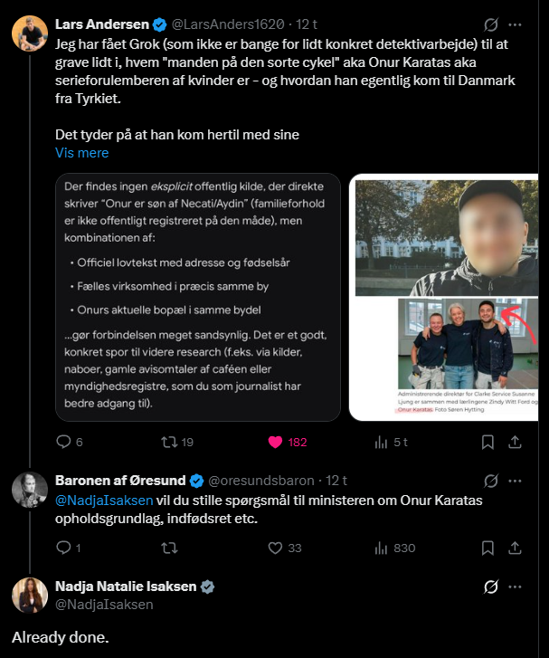 oresundsbaron's tweet photo. Hvor er det rart med et borgernært medlem af det danske folketing som @NadjaIsaksen 

Man kan tagge hende i et kommentarspor på X, og anmode om at få hende til at stille en minister et samfundsrelevant spørgsmål.

Og så går der ikke engang 24 timer, og så er spørgsmålet blevet stillet.

Du er en stjerne Nadja⭐️