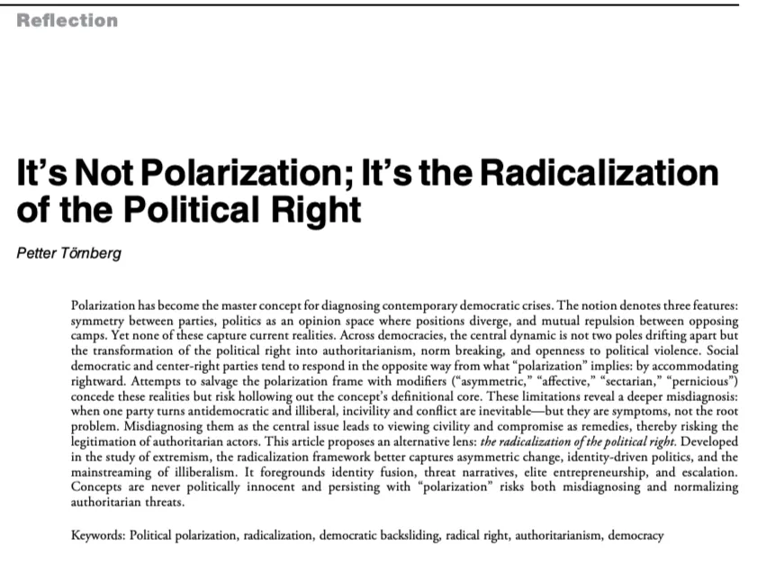 pettertornberg's tweet photo. ‘Polarization’ has become the master concept for diagnosing our current democratic crisis. 

But this is not polarization: it is the radicalization of the political right.

By misdiagnosing it, we become complicit 🧵  

Just out in Perspectives on Politics
https://t.co/wsqhfTQnDM https://t.co/7CQmxjXyhX