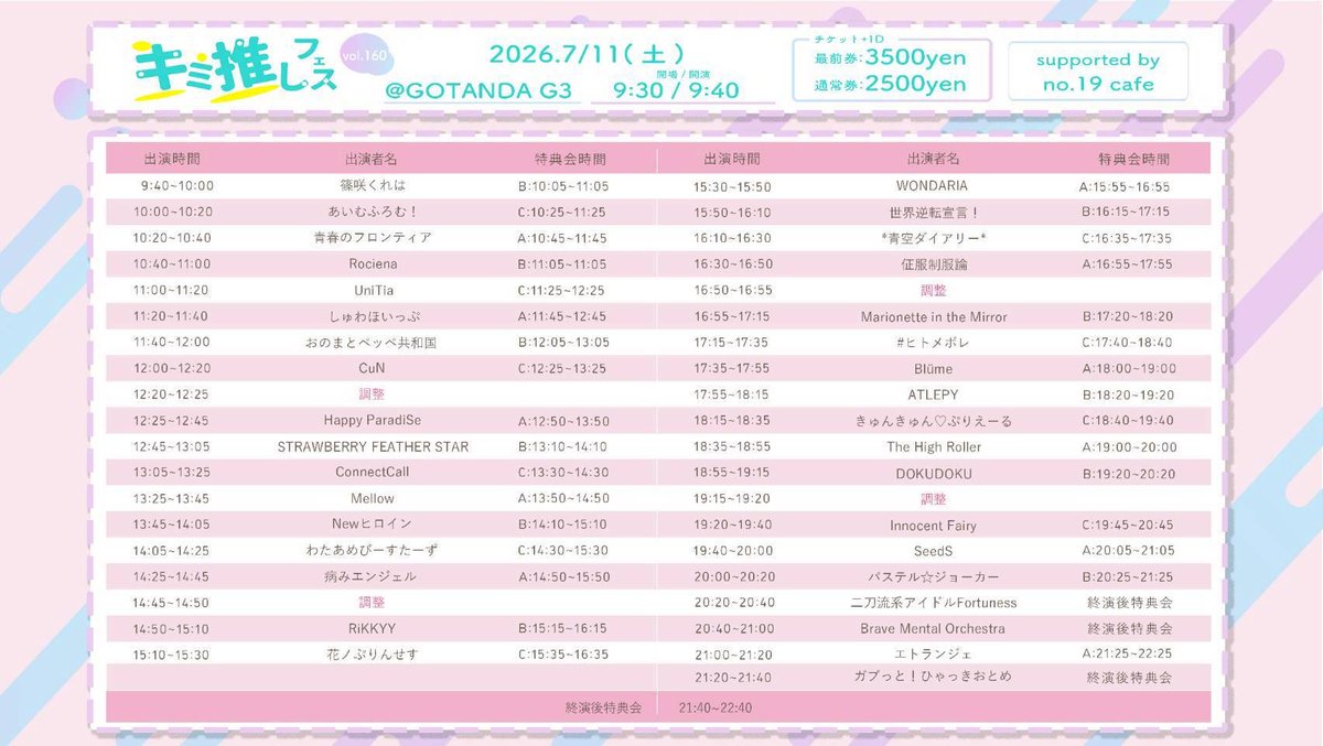 12_hime_07's tweet photo. 7月11日(土)

キミ推しフェス vol.160

[会場]GOTANDA G3
[出番]12:00〜[物販]12:25〜
[料金]通常¥2500/前方3500/当日各種+¥1000/D別
[入場特典]予約2pt/当日3pt

CuNのみ出演です！楽しみ！！
昼からたのしもー💓

⬇️ご予約はこちら⬇️
https://t.co/9BnSbA5F03 https://t.co/MYIUZDDNRu