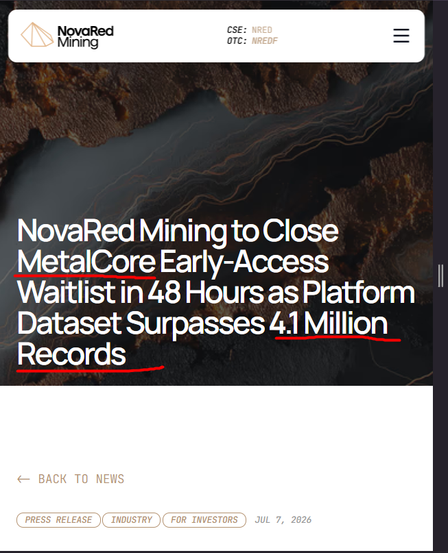 gapec64815485's tweet photo. Signal hunters, pull up, this is why I’m buying NovaRed Mining CSE $NRED.

MetalCore is starting to look like the real asset behind the NovaRed story. The early-access waitlist is already 920 out of 1,000 filled, meaning 92% of the first cohort is gone. Only 80 spots remain, and NovaRed is closing the waitlist in 48 hours.

That is demand.

Now look at the data engine: MetalCore has grown past 4.1M records across Canadian and US mineral properties. 

That includes around 1.5M geochemistry records, 1.4M oil and gas well records, 800K+deposit records, close to 200K geothermal records, plus mine data, BC mineral titles, BC MINFILE, magnetic anomalies, satellite scenes and geophysical survey data.

Why does that matter?

Because exploration is a pattern-recognition game. Most juniors are working with scattered reports, old maps and slow fieldwork. MetalCore is trying to pull the mess into one AI-driven target-generation environment.

Wilmac gives $NRED 16,078 hectares in BC, about 10 km west of Copper Mountain. MetalCore gives them the AI layer to screen, compare and prioritize targets.

That’s why I want exposure here.

No warranties, express or implied, are made regarding the reliability of this information.

$NICE $PLXS $BRZE