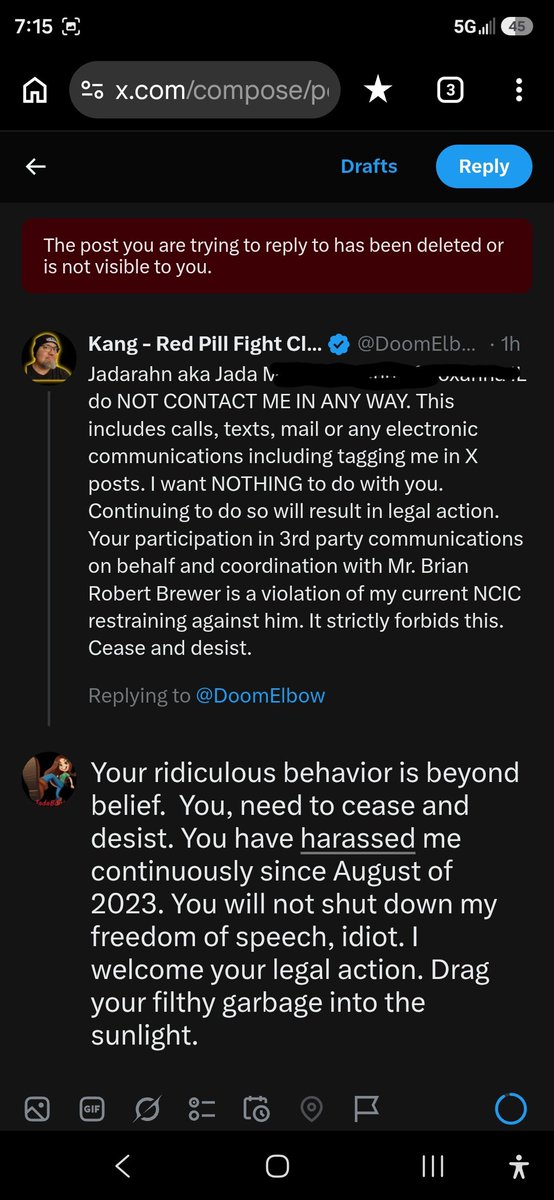 JadaRahn's tweet photo. This idiot actually thinks he can shut down my freedom of speech. Btw, stupid. I haven't tagged you in any posts. YOU tagged me. And your injunction on Brian Brewer has nothing to do with me. How weak are you to do this from behind a block? https://t.co/GST8d00Wmr