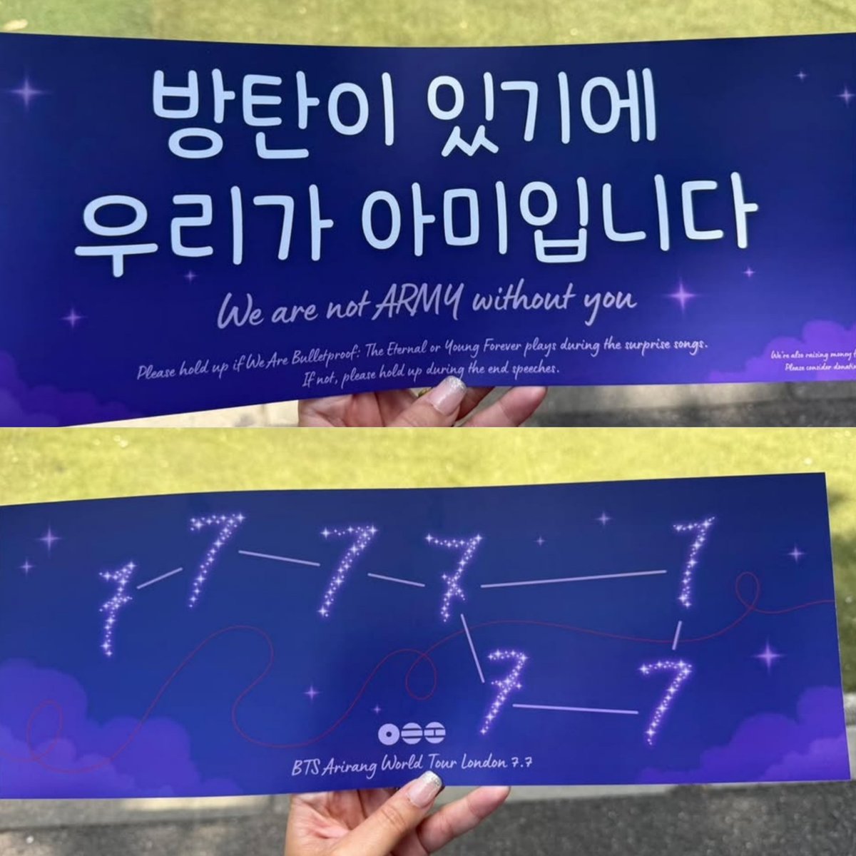 sakinayoongi's tweet photo. BTS London Day 2 Banner features the placement of their 7 tattoos forming the Big Dipper constellation so beautiful 🥹

"방탄이 있기에 우리가 아미입니다"
"We are not ARMY without you" https://t.co/StGWGVaRnu