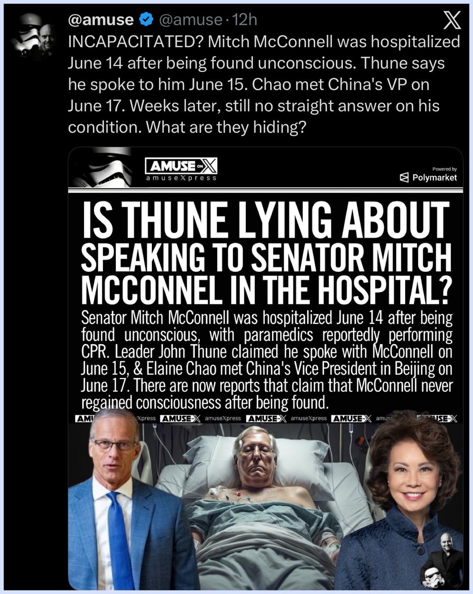 gaye_gallops's tweet photo. ♦️SUSPICIOUS:What’s Thune hiding or
lying about McConnell? Mitch built a 
DEEP STATE MACHINE that danced with Dems AND THUNE is his PROTEGE 

♦️MITCH went on life support, his wife went
to China,perhaps Elaine Chiao is escaping in
case the DOJ COMES CALLING for ESPIONAGE 

UMMM.. https://t.co/ppJ6VjsAYk