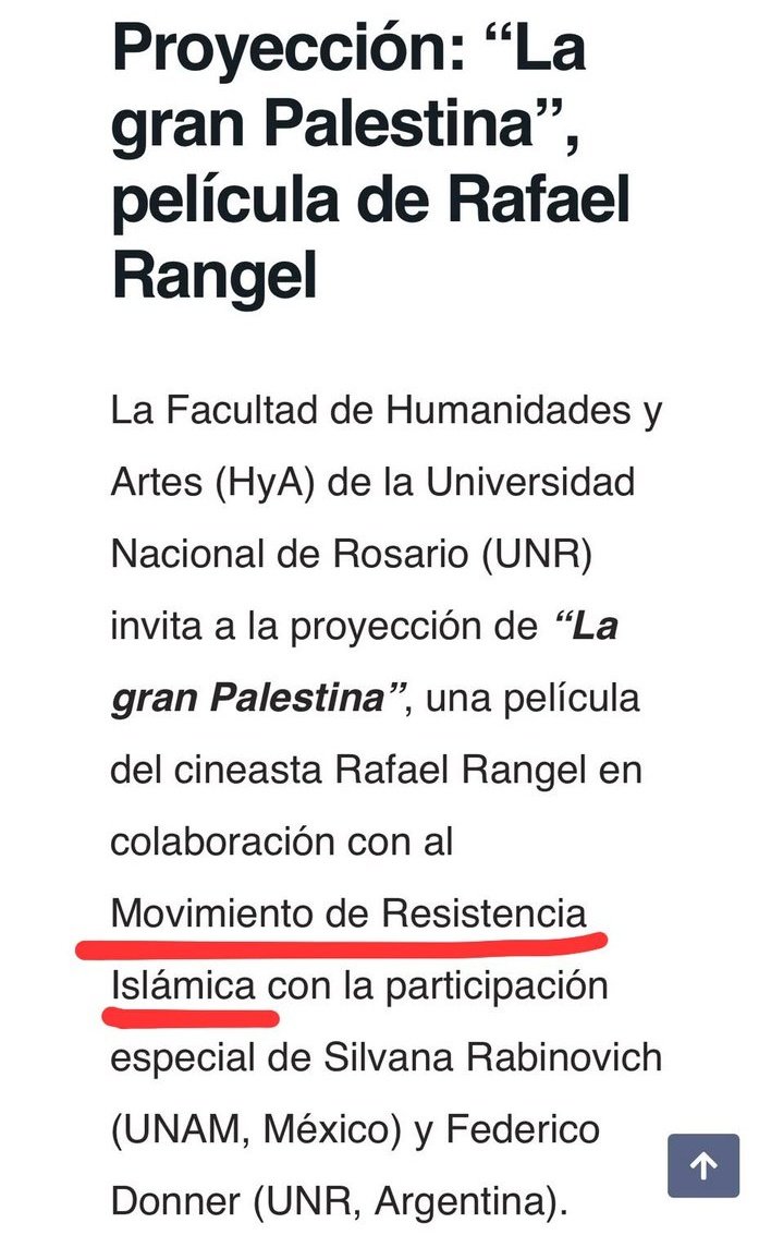 BaraldiSantiago's tweet photo. La misma UNR que se pavoneó con Correa o Maduro, ahora fomenta al grupo terrorista Hamas. La Facultad de Humanidades proyectará el documental La gran Palestina, bajo el silencio cómplice del rector Bartolacci y su socio, el intendente Javkin. Romantizar la violencia. https://t.co/Df9DZ79wZl